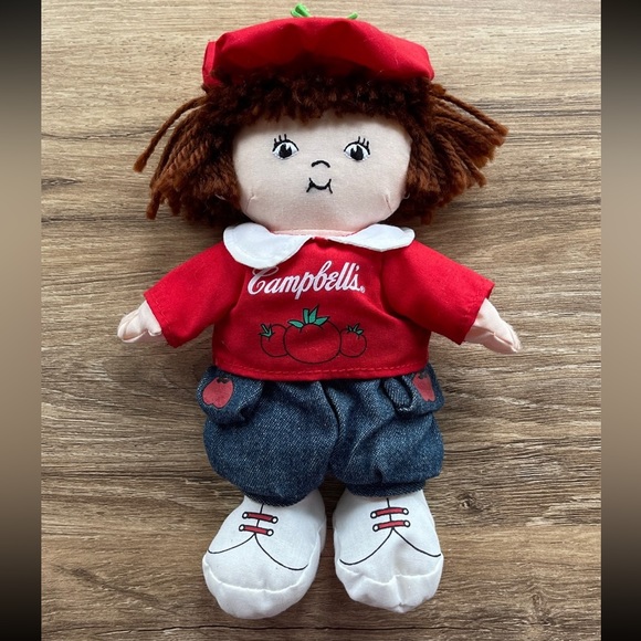 Campbell’s Soup Other - Campbell's Soup Kids 8" Plush Stuffed Toy Brown Hair Red Shirt Jeans & Beret VGC